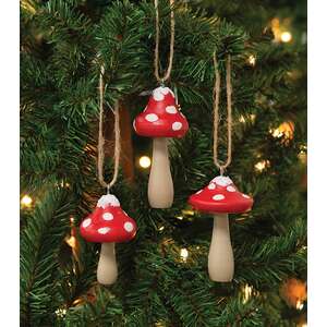 3 Set - Snowy Red-Capped Wooden Mushroom Ornaments