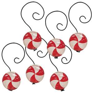 6 Set - Wood & Glass Marble Peppermint Ornaments