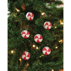 6 Set - Wood & Glass Marble Peppermint Ornaments