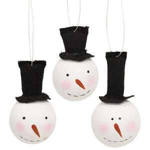 3 Set - Smiling Wooden Snowman Ornaments with Tophats