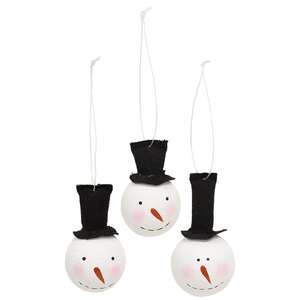 3 Set - Smiling Wooden Snowman Ornaments with Tophats