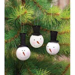 3 Set - Smiling Wooden Snowman Ornaments with Tophats