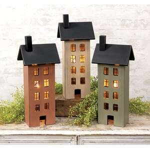 Distressed Wooden Primitive Saltbox House - 17.5"H - 3 Asstd.