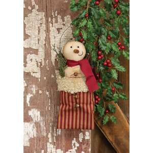 Stuffed Jingle Snowman with Pine In Ticking Stripe Sack Hanger