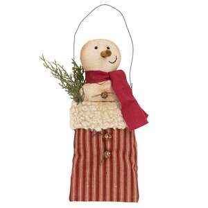 Stuffed Jingle Snowman with Pine In Ticking Stripe Sack Hanger