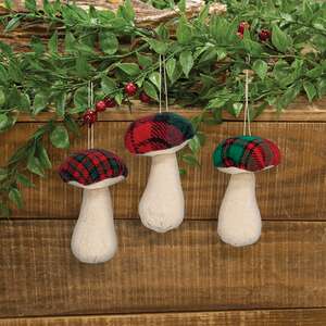 3 Set - Stuffed Red & Green Plaid Mushroom Ornaments