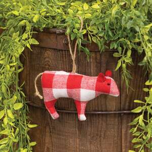 Stuffed Red & White Flannel Check Cow Ornament