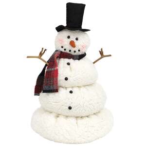 White Sherpa Melting Snowman with Top Hat & Plaid Scarf - 12"H