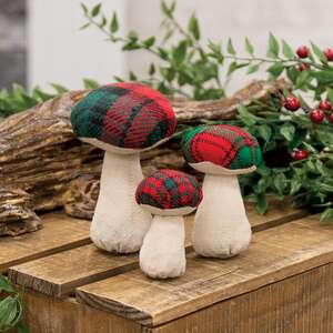3 Set - Stuffed Red & Green Plaid Mushroom Sitters