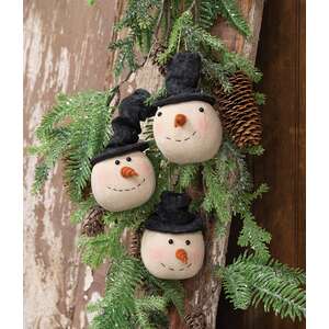 3 Set - Stuffed Floppy Hat Snowman Head Ornaments