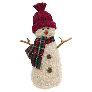 Burgundy Hat Snowman with Green & Red Plaid Scarf - 9.5"H