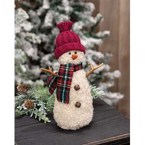 Burgundy Hat Snowman with Green & Red Plaid Scarf - 9.5"H