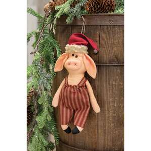 Stuffed Santa Pig In Ticking Stripe Overalls Hanger