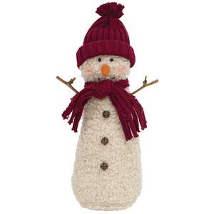Stuffed Standing Jingle Bell Snowman with Burgundy Hat & Scarf - 14"H