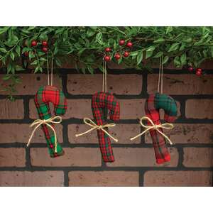 Stuffed Red & Green Plaid Candy Cane - 6.5"H - 3 Asstd.