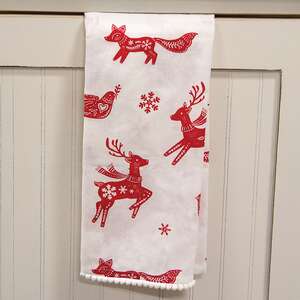 Yuletide Forest Folklore Dish Towel w/White Pom Poms 19547;