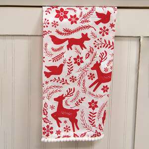 Yuletide Forest & Floral Folklore Dish Towel w/White Pom Poms 19549;