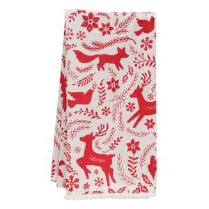 Yuletide Forest & Floral Folklore Dish Towel w/White Pom Poms 19549;