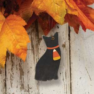 Cat With Candy Corn Wooden Ornament