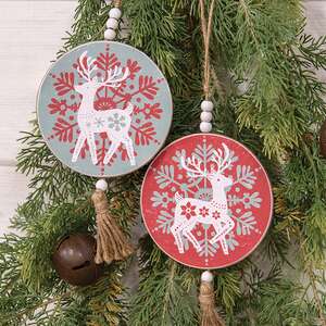 Yuletide Folklore Round Wooden Reindeer Ornament, 2 Asstd.