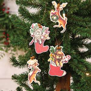 Retro Look Wooden Puppy, Kitten, & Reindeer Ornaments, 4/Set 38676;
