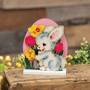 Vintage Bunny & Flowers Egg on Base