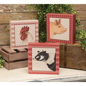 Primitive Farm Animal Portrait Box Sign - 3 Asstd.