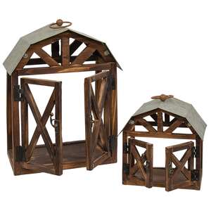 2 Set Wood and Metal Barn Shaped Lanterns