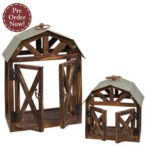 2 Set Wood and Metal Barn Shaped Lanterns