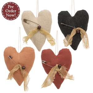 Stuffed Rustic Primitive Heart with Safety Pin Ornament - 4 Asstd.
