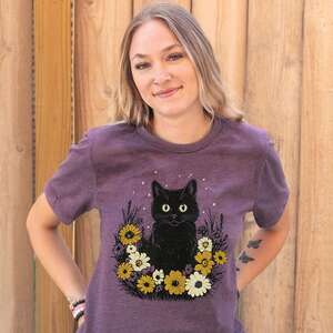 Floral Black Cat T-Shirt, Heather Purple, L201