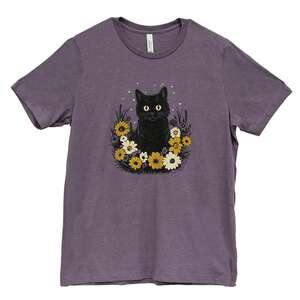 Floral Black Cat T-Shirt, Heather Purple XXL, L201XXL
