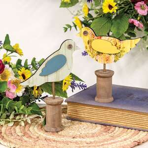 Cottage Rose Distressed Wooden Bird on Spool - 2 Asstd.