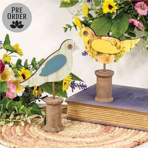 Cottage Rose Distressed Wooden Bird on Spool - 2 Asstd.