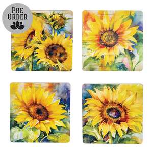 4/Set - Watercolor Sunflower Coasters & Holder