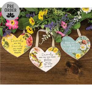 Vintage Floral Friendship Wooden Heart Ornament - 3 Asstd.