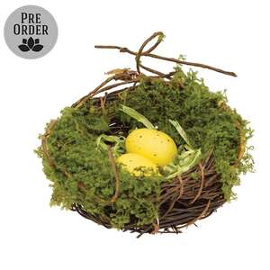 Mossy Twig Bird Nest w/Speckled Yellow Eggs - 3-1/2 In