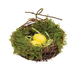 Mossy Twig Bird Nest w/Speckled Yellow Eggs - 3-1/2 In
