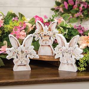 Spring Floral Crown Wooden Bunny Sitter - 3 Asstd., 39083