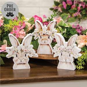 Spring Floral Crown Wooden Bunny Sitter - 3 Asstd., 39083