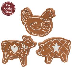 Wooden Gingerbread Farm Animal Sitter - 3 Asstd.