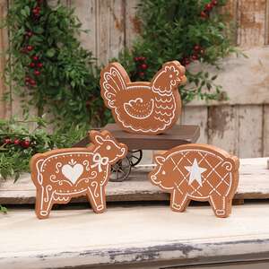 Wooden Gingerbread Farm Animal Sitter - 3 Asstd.