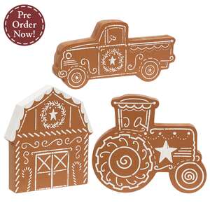 Wooden Gingerbread Farm Equipment Sitter - 3 Asstd.