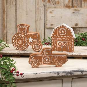 Wooden Gingerbread Farm Equipment Sitter - 3 Asstd.