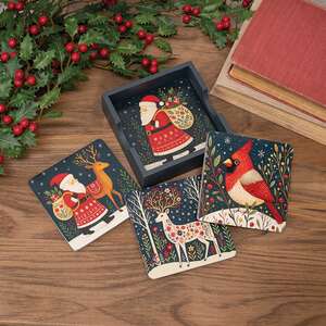 5 Set - Nordic Winter Wooden Coasters & Holder