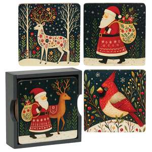 5 Set - Nordic Winter Wooden Coasters & Holder