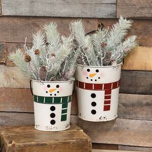 2 Set - Distressed Metal Snowman Buckets