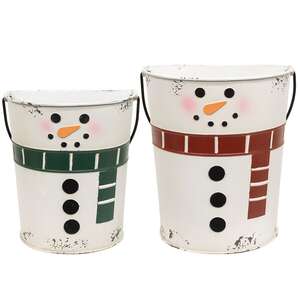 2 Set - Distressed Metal Snowman Buckets