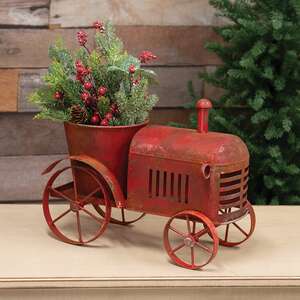 Distressed Red Metal Tractor Planter