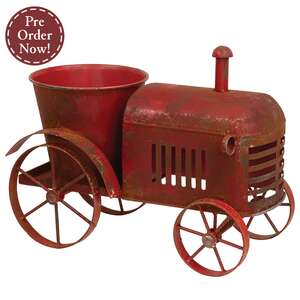 Distressed Red Metal Tractor Planter